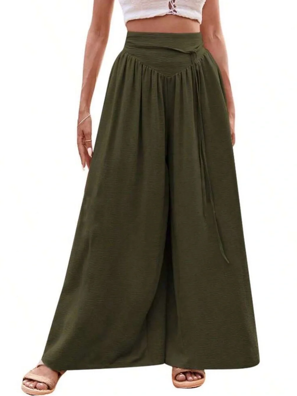 New Wide Leg High-Waist Palazzo Pants - Olive